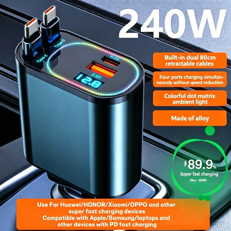 Fast Ev Charger - 4 in 1格納式カーチャージャー、デュアルUSB Type-C PD格納式ケーブル、サムスン急速充電コード、シガーライターアダプター